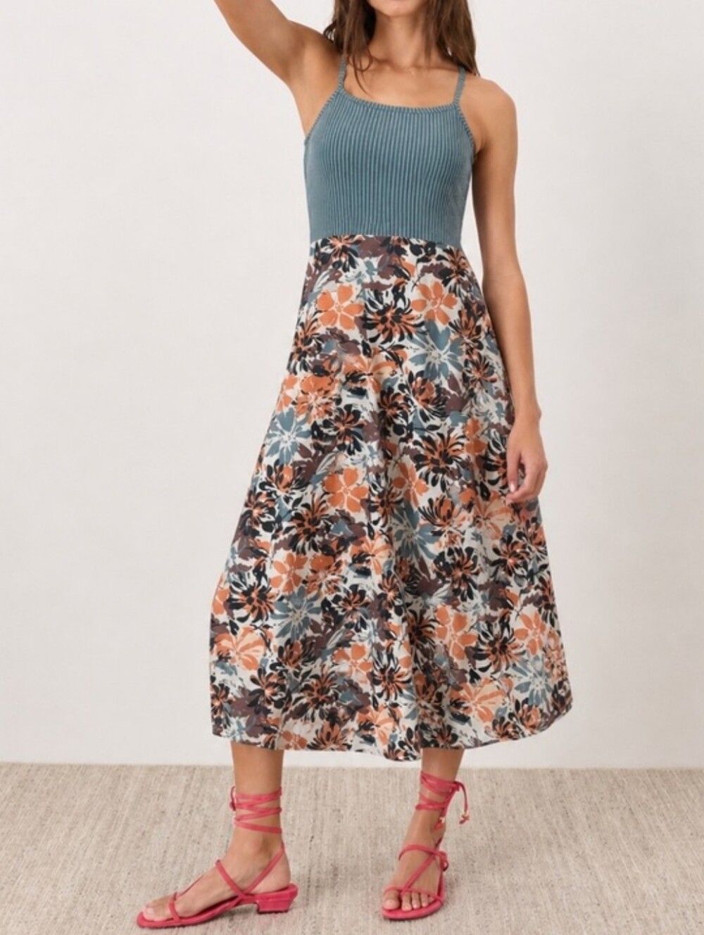Pact Fit & Flare Strappy Midi Dress Lake Blossoms/Stripe Cotton Cozy Autumn Sz M - Picture 13 of 13